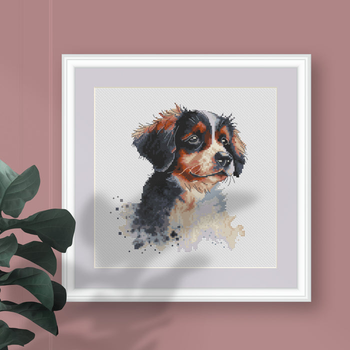 Watercolor Bernese Mountain Puppy - PDF Cross Stitch Pattern