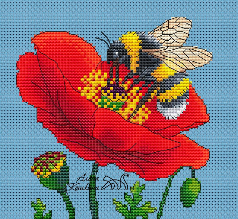 Bee on poppy - PDF Cross Stitch Pattern