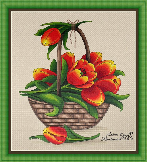 Basket Of Tulips - PDF Cross Stitch Pattern - Wizardi
