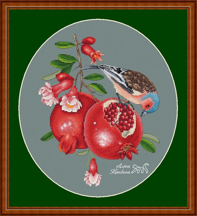 Bullfinch On A Pomegranate - PDF Cross Stitch Pattern - Wizardi