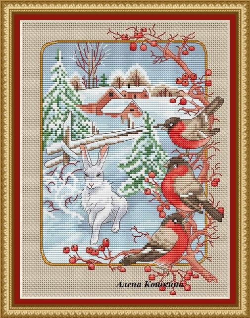 Bunny & Bullfinches - PDF Cross Stitch Pattern - Wizardi