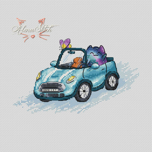 Cosmo-Cat in a Cabriolet - PDF Cross Stitch Pattern - Wizardi