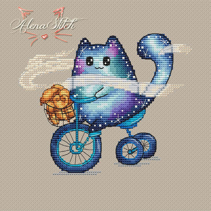 Cosmo-Cat on the Bike - PDF Cross Stitch Pattern - Wizardi