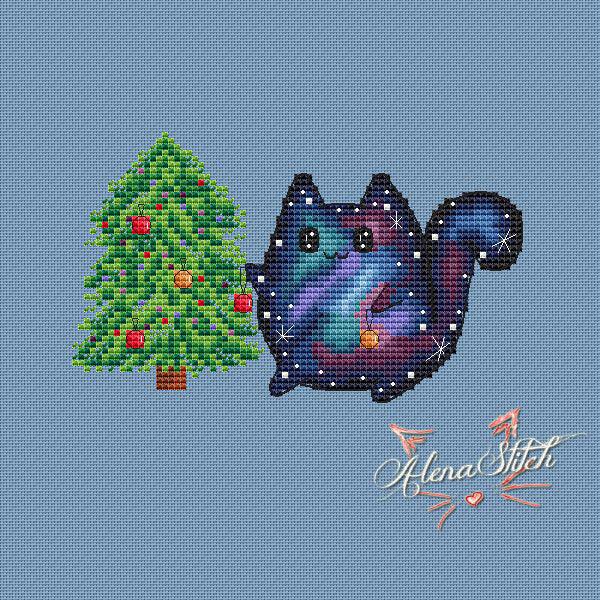Cosmo cat with Christmas tree - PDF Cross Stitch Pattern - Wizardi
