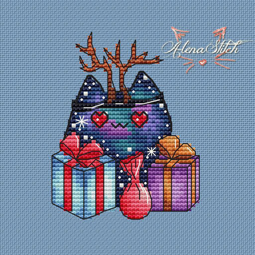 Cosmo Cat With Presents - PDF Cross Stitch Pattern - Wizardi