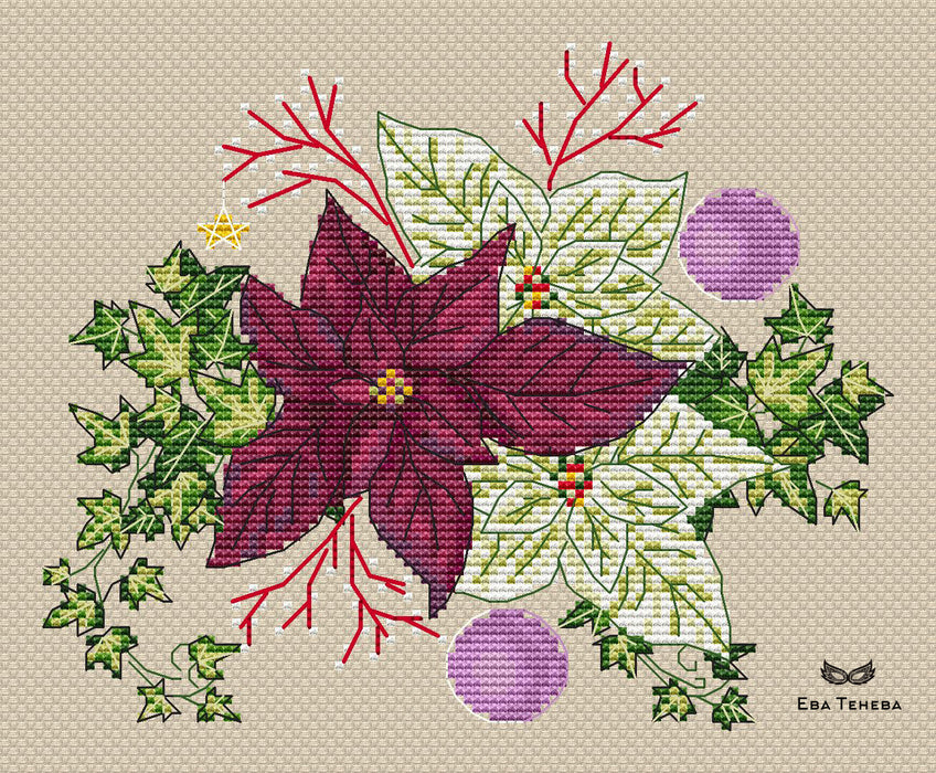 Composition with burgundy poinsettia - PDF Cross Stitch Pattern