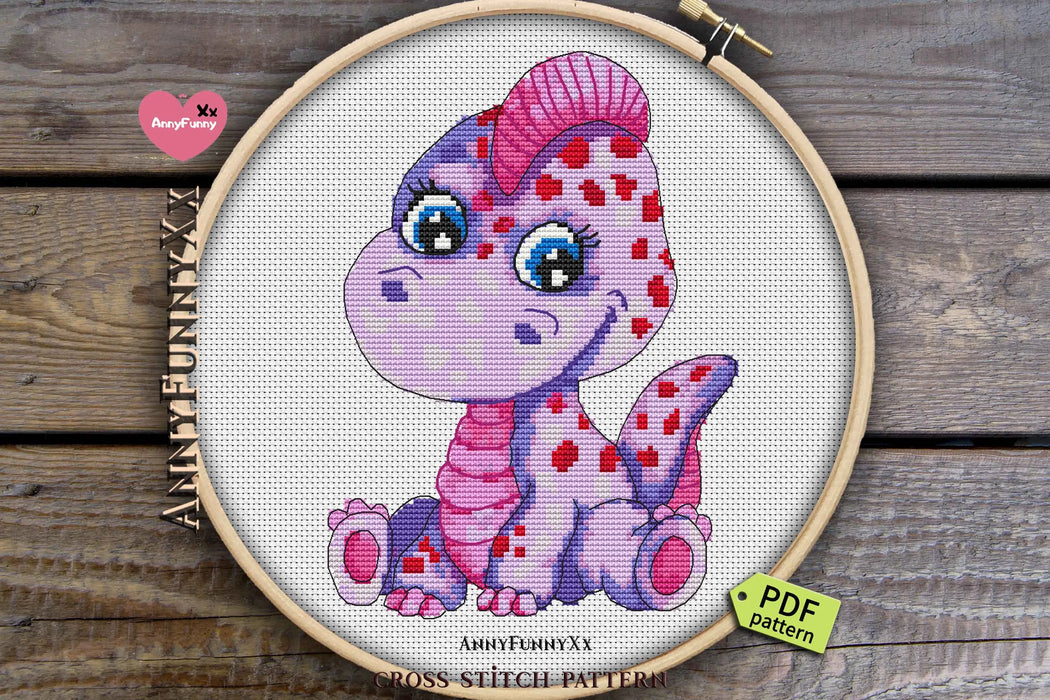 Funny pink dinosaur - PDF Cross Stitch Pattern