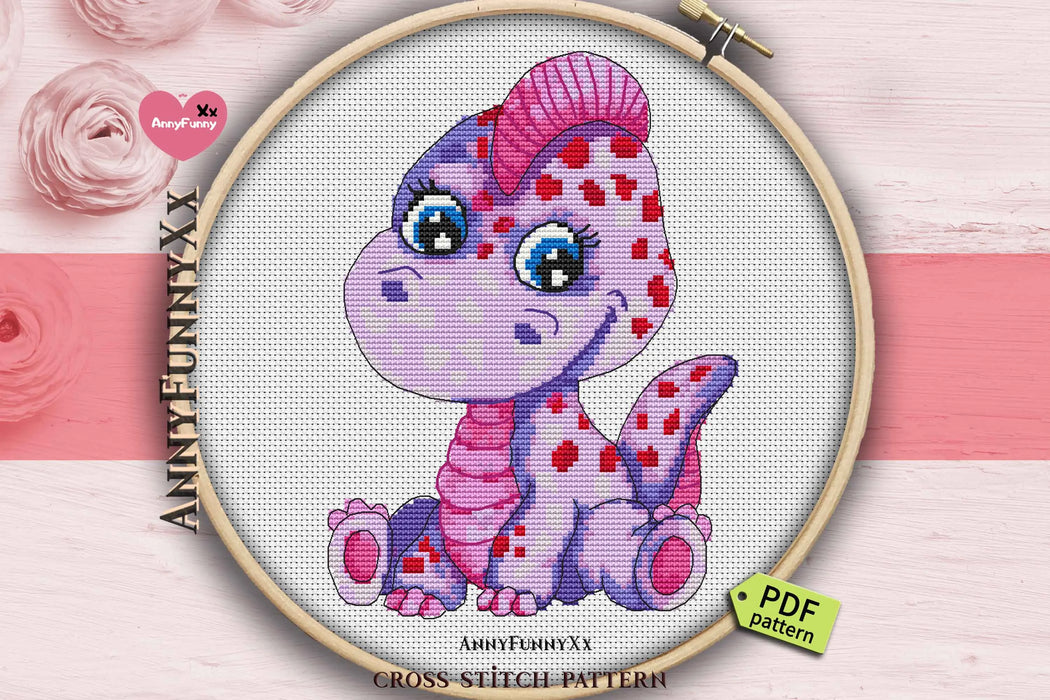 Funny pink dinosaur - PDF Cross Stitch Pattern