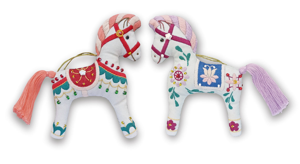 Horses embroidery ornament kit with beads, pair of finished horse ornaments