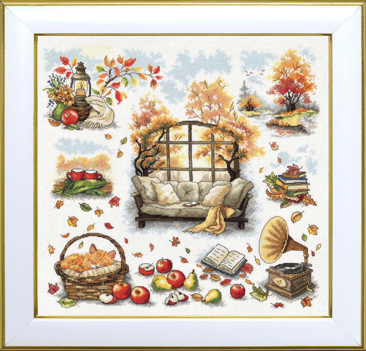 Autumn Comfort cross stitch sampler kit flat product photo