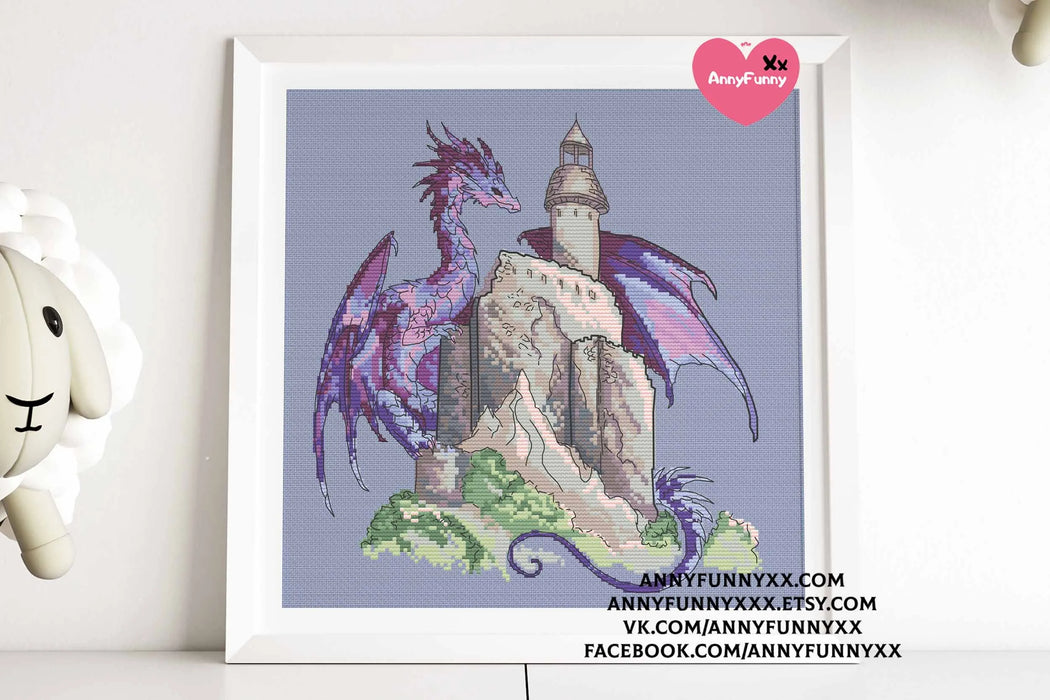 Purple dragon with castle - PDF Cross Stitch Pattern