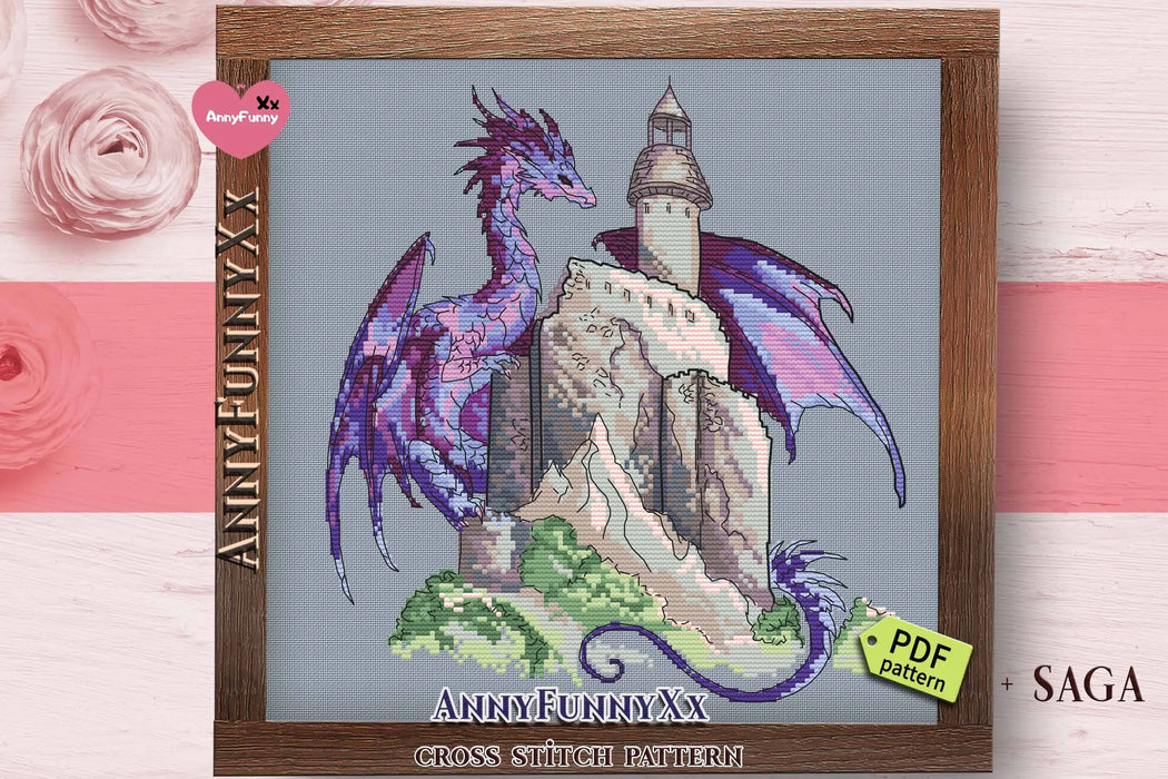 Purple dragon with castle - PDF Cross Stitch Pattern