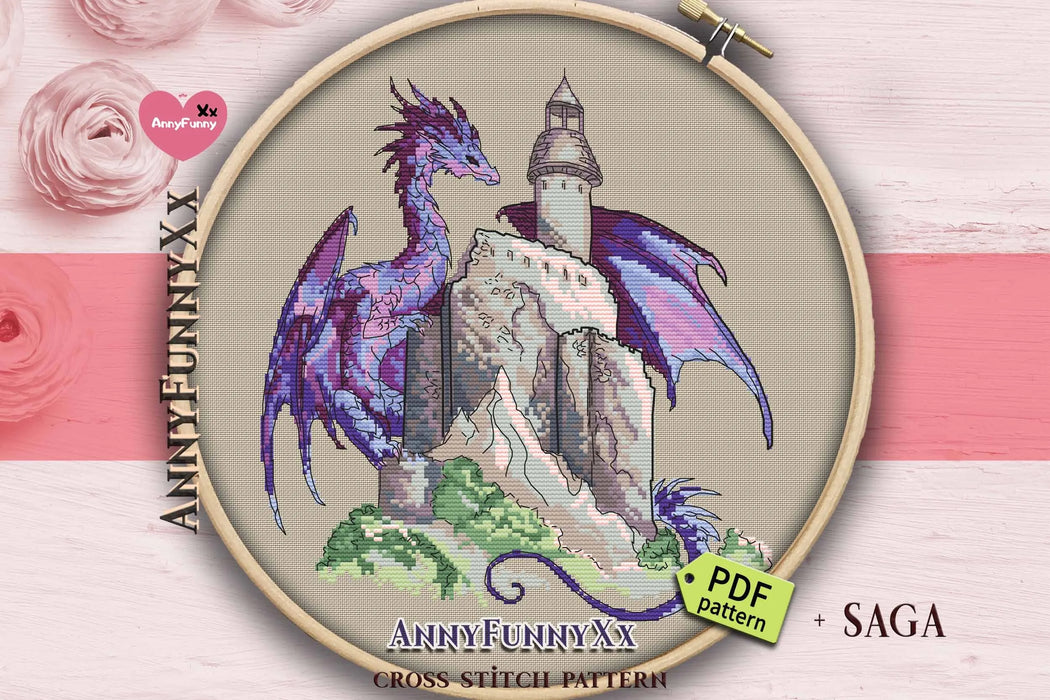 Purple dragon with castle - PDF Cross Stitch Pattern