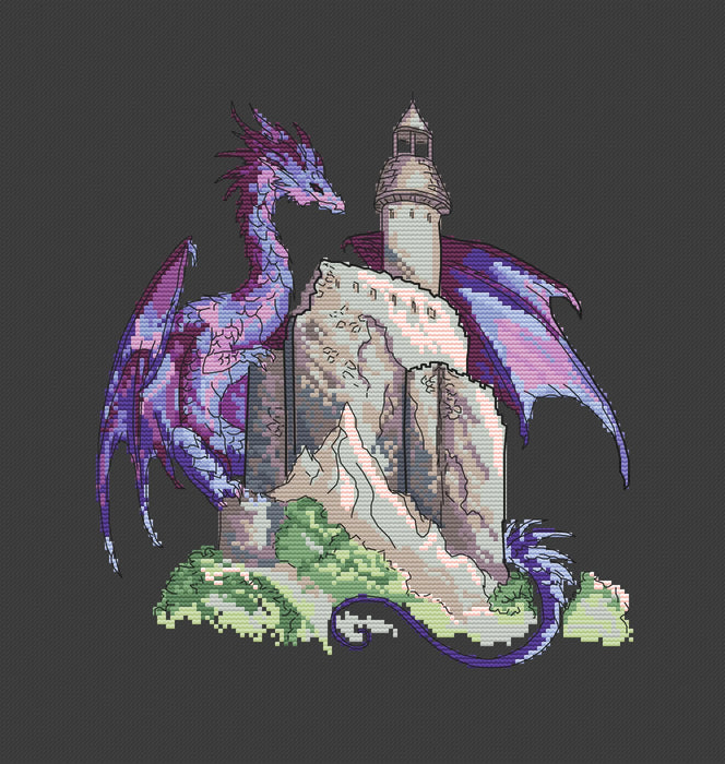 Purple dragon with castle - PDF Cross Stitch Pattern