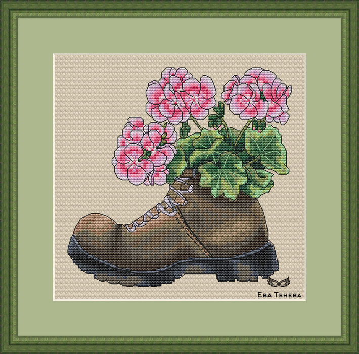 Boot with geranium - PDF Cross Stitch Pattern