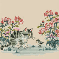 Minimalist Cat in Peonies - PDF Cross Stitch Pattern