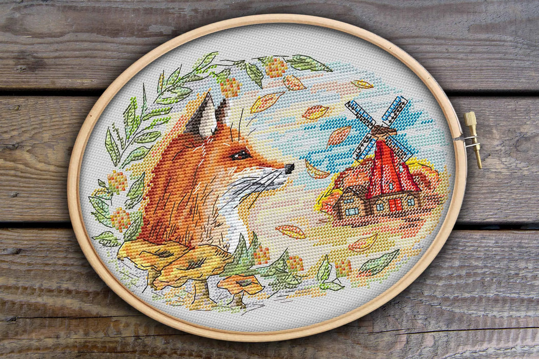 Autumn fox at the mill - PDF Cross Stitch Pattern