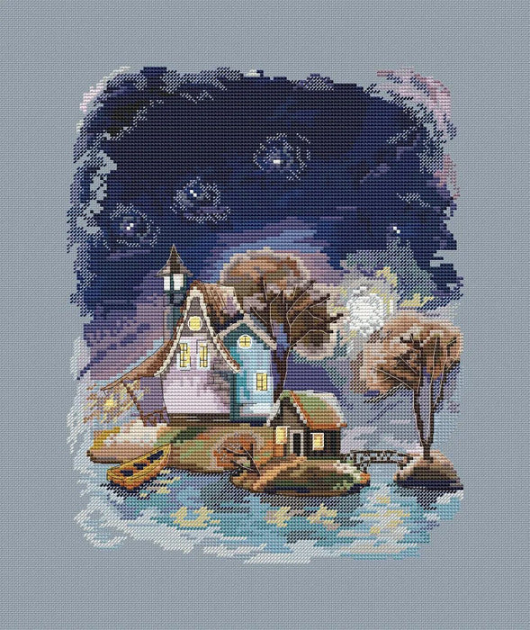 Houses on the islands. Night - PDF Cross Stitch Pattern