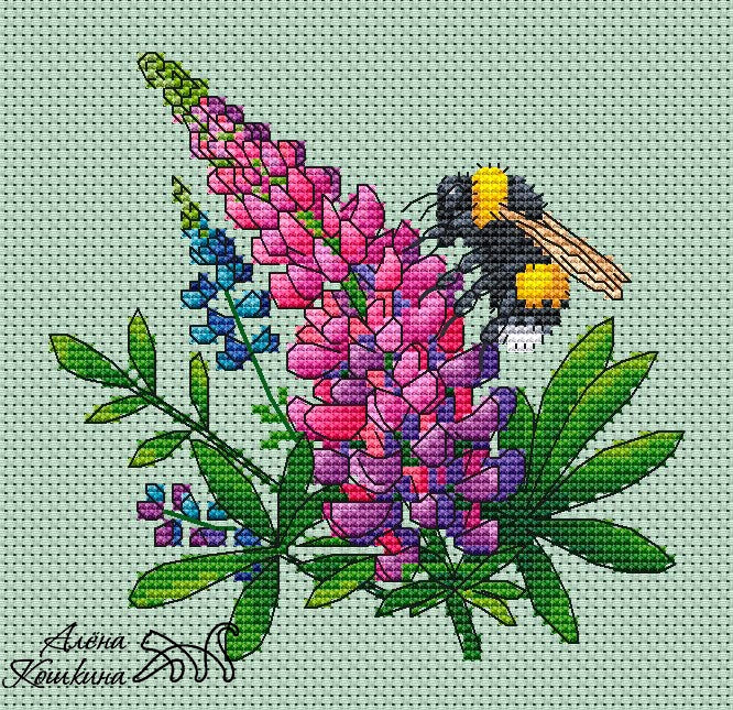 Bee on lupine - PDF Cross Stitch Pattern