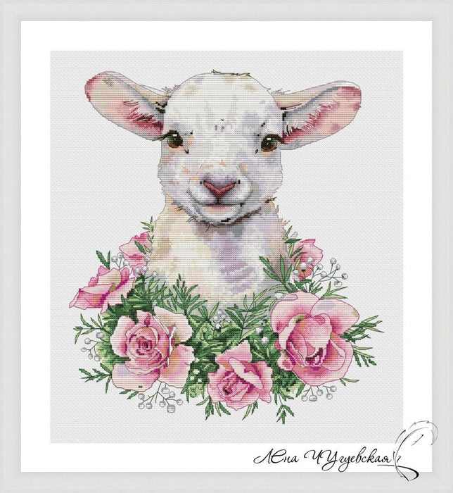 Lamb in roses - PDF Cross Stitch Pattern - Wizardi
