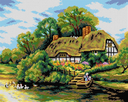 Large Cottage by a River 2704M Needlepoint canvas for halfstitch without yarn - Wizardi