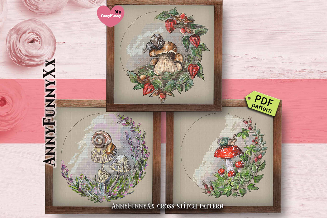 Forest wreath. Fly agaric and snail - PDF Cross Stitch Pattern