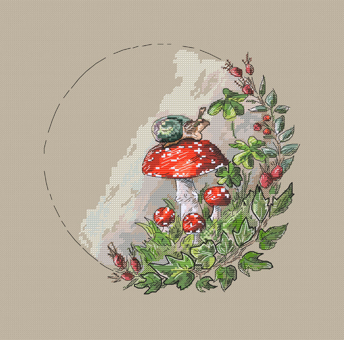 Forest wreath. Fly agaric and snail - PDF Cross Stitch Pattern