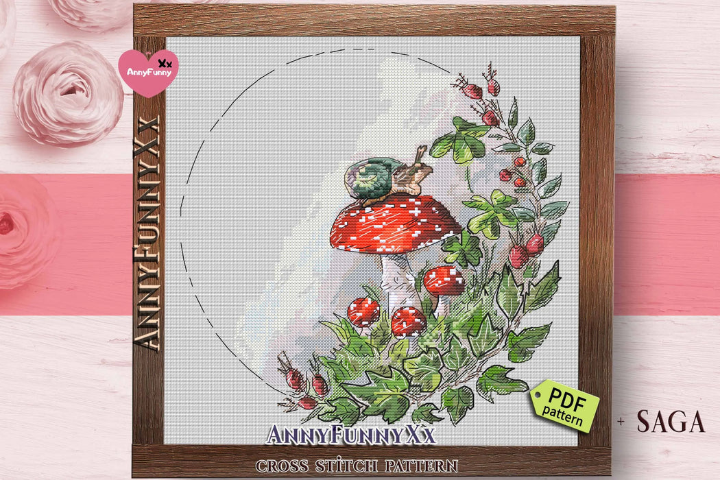 Forest wreath. Fly agaric and snail - PDF Cross Stitch Pattern