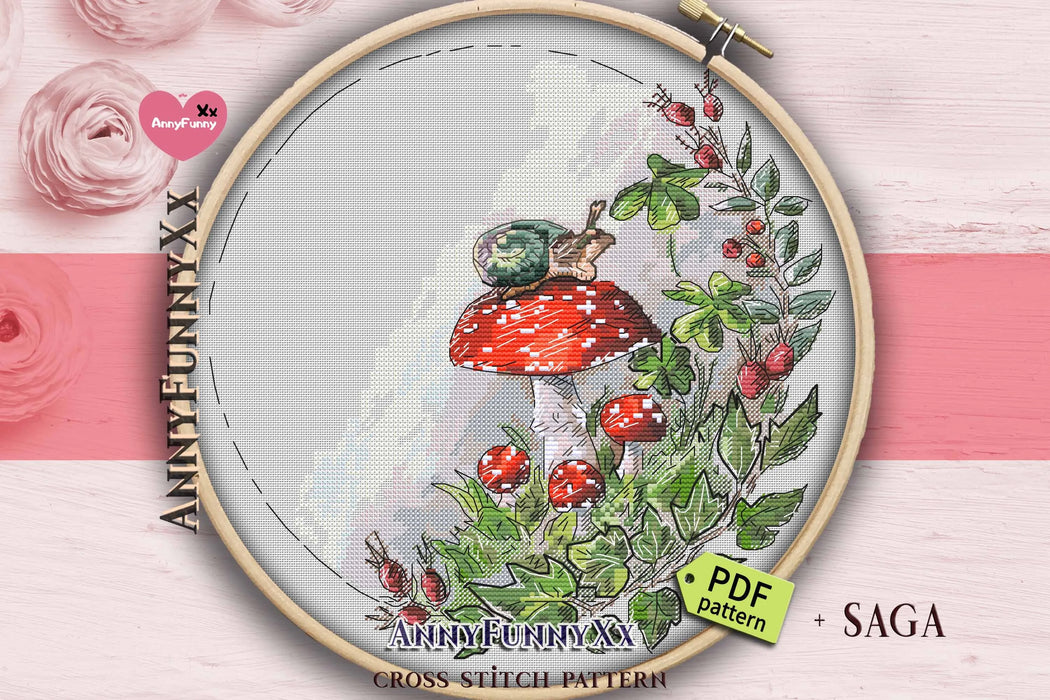 Forest wreath. Fly agaric and snail - PDF Cross Stitch Pattern