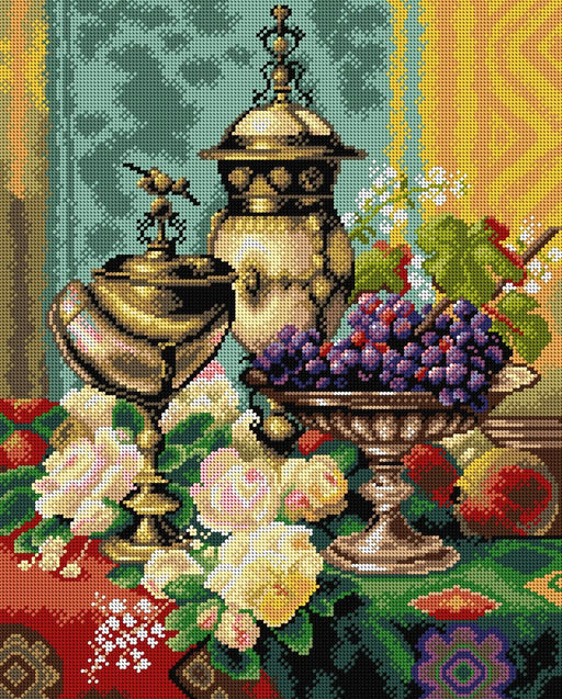 Needlepoint canvas for halfstitch without yarn after Jean Baptiste Robie - Still Life with Roses, Grapes and a Silver Inlaid Nautilus Shell 2867M - Wizardi