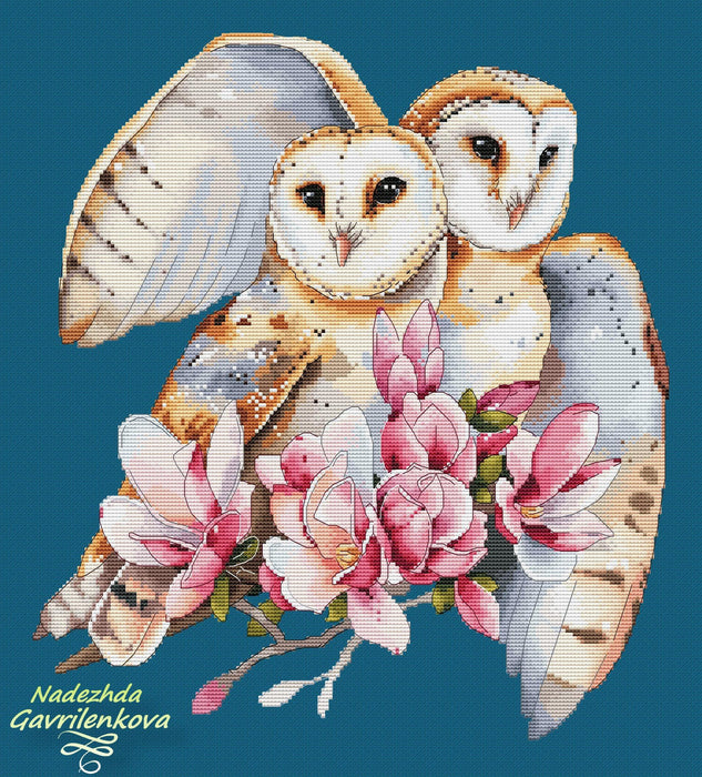 Owls and Magnolias - PDF Cross Stitch Pattern - Wizardi