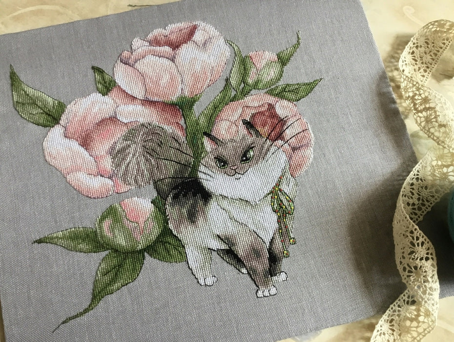 The Cat in peonies - PDF Cross Stitch Pattern