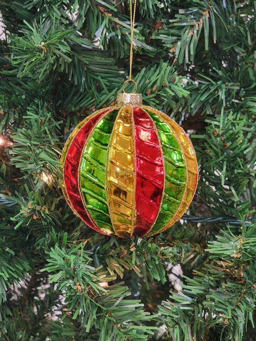 Red and Green Striped Ball Glass Christmas Ornament F07M7-35-LH76-23094