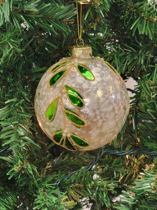 White and Green Glitter Leaf Glass Christmas Ornament F07M7-29-LH76-23081