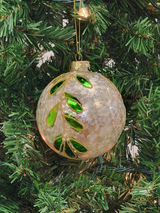 White and Green Glitter Leaf Glass Christmas Ornament F07M7-29-LH76-23081