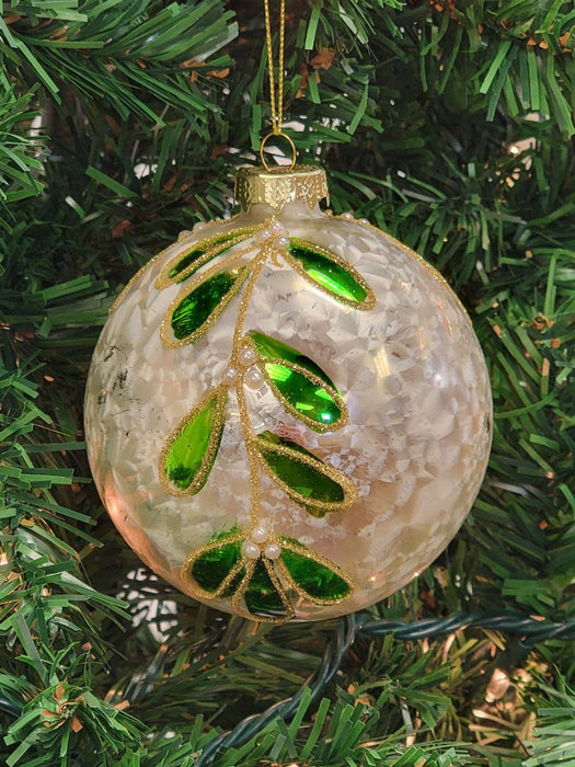 White and Green Glitter Leaf Glass Christmas Ornament F07M7-29-LH76-23081