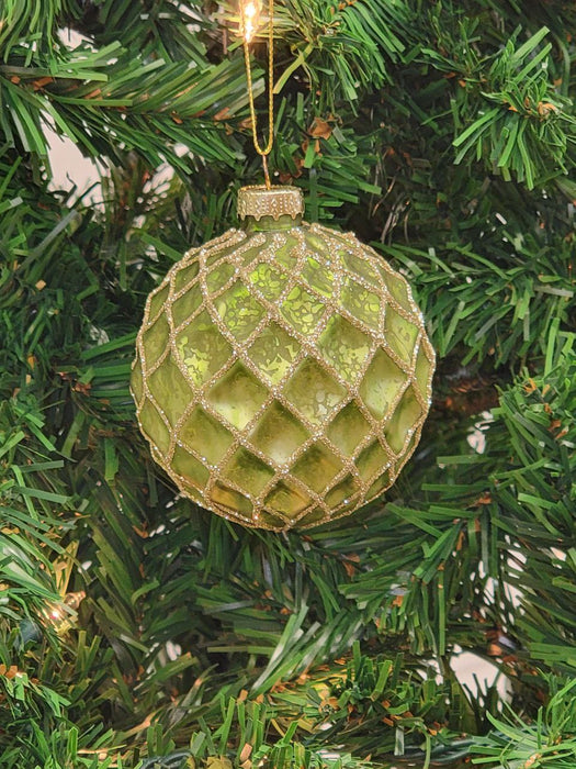 Green Diamond-Patterned Ball Glass Christmas Ornament F07M7-14-LH76-2285