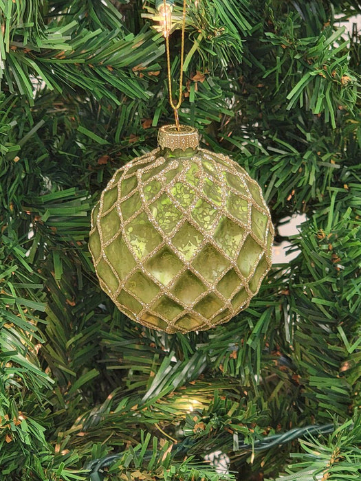 Green Diamond-Patterned Ball Glass Christmas Ornament F07M7-14-LH76-2285