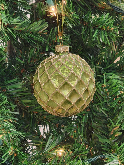 Green Diamond-Patterned Ball Glass Christmas Ornament F07M7-14-LH76-2285