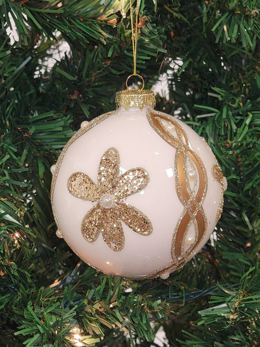 White Ball with Gold Flower Glass Christmas Ornament F07M7-30-LH76-23098