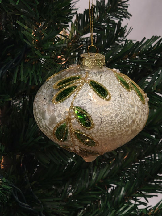 White Glitter Leaf Ball Glass Christmas Ornament F07M7-25-LH76-23096