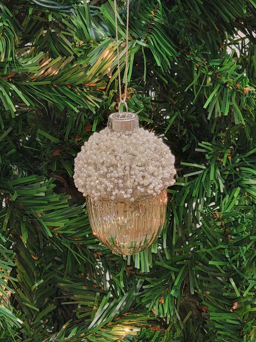 Cream Glitter Acorn Glass Christmas Ornament F07M7-17-LH76-23167