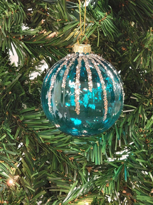 Turquoise and Gold Striped Ball Glass Christmas Ornament F07M7-11-LH76-2319