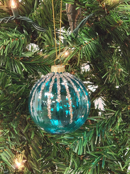 Turquoise and Gold Striped Ball Glass Christmas Ornament F07M7-11-LH76-2319