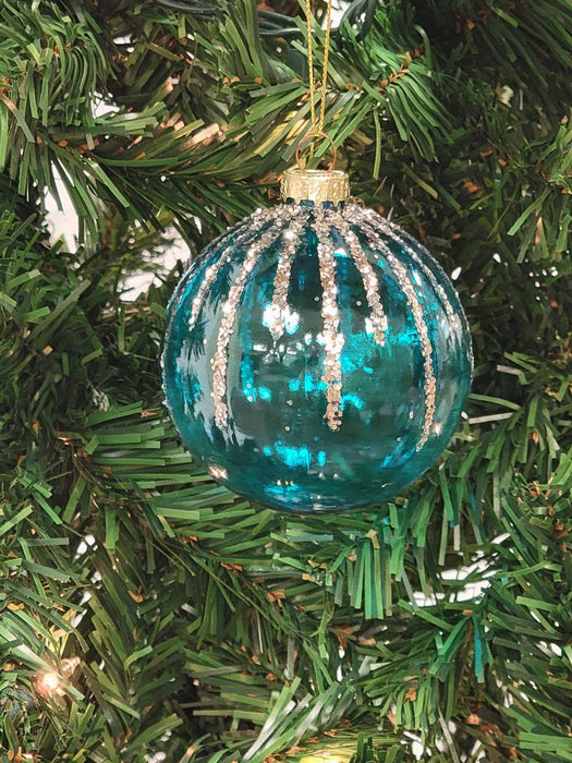 Turquoise and Gold Striped Ball Glass Christmas Ornament F07M7-11-LH76-2319