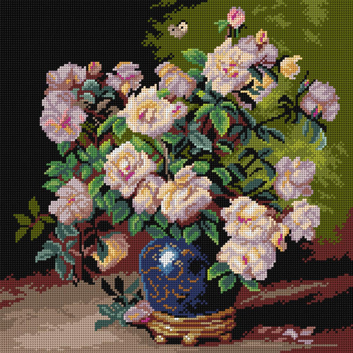 Roses in a Cobalt Vase 3480L Needlepoint canvas for halfstitch without yarn - Wizardi