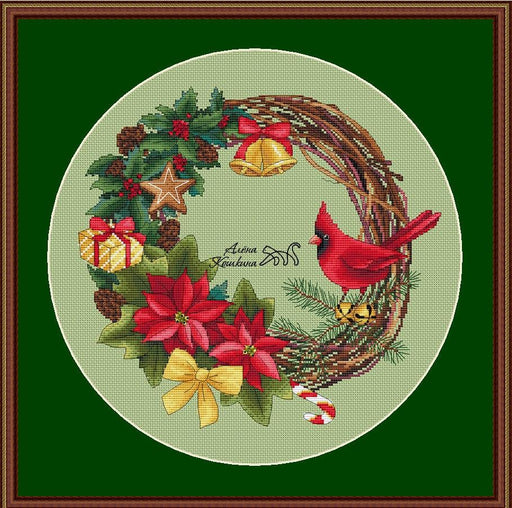 Wreath with a Cardinal - PDF Cross Stitch Pattern - Wizardi