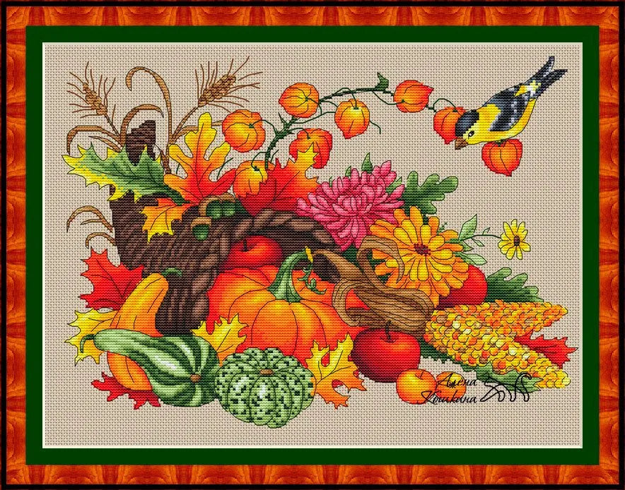 Horn of plenty with siskin - PDF Cross Stitch Pattern