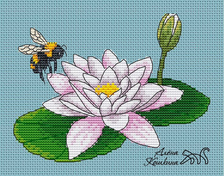 Bee on a water lily - PDF Cross Stitch Pattern