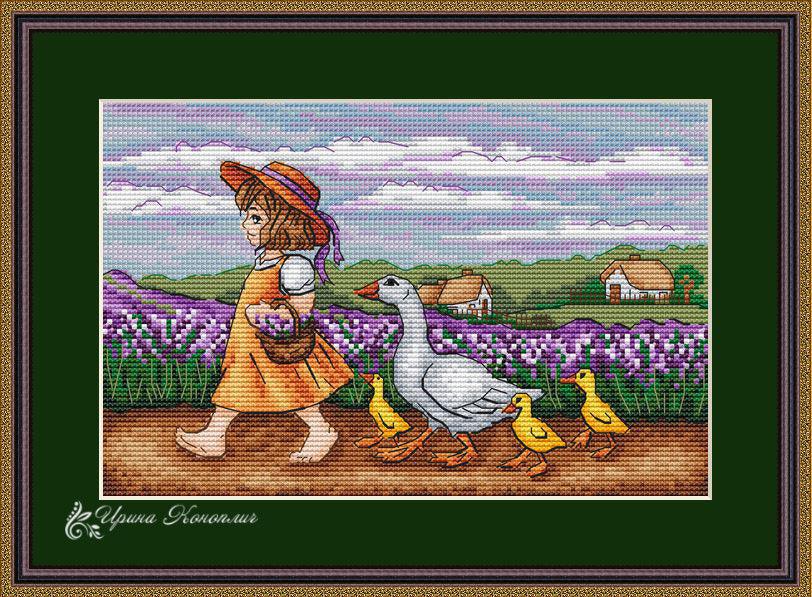 Barefoot Girl with Ducks - PDF Counted Cross Stitch Pattern - Wizardi